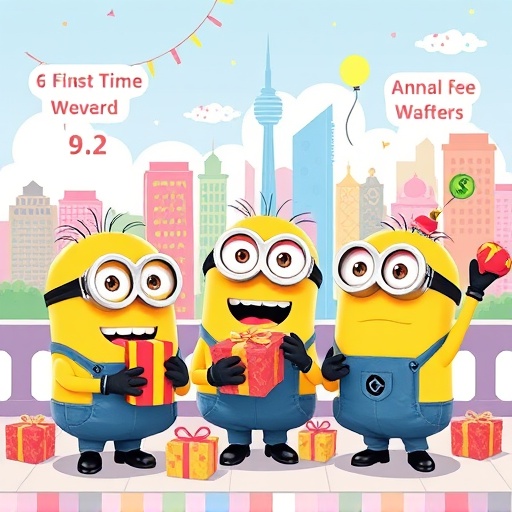 小小兵慶祝禮物與金錢符號的活力插圖，代表新戶首刷禮與年費減免，背景歡樂城市天際線，適合上海商銀小小兵信用卡優惠攻略