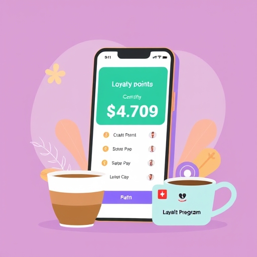 a visually appealing flat illustration showcasing loyalty points accumulating on a phone screen alongside coffee cups and loyalty cards representing a partnership between line pay and a coffee shop loyalty program