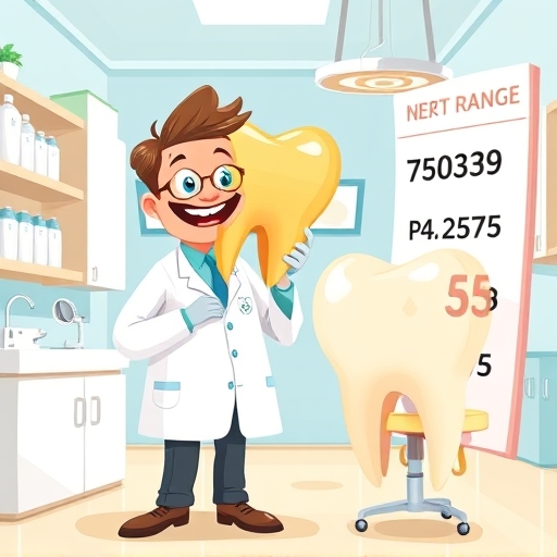 a whimsical illustration of a dentist holding a giant golden tooth next to a price tag showing a wide range of numbers in a clean and bright dental clinic
