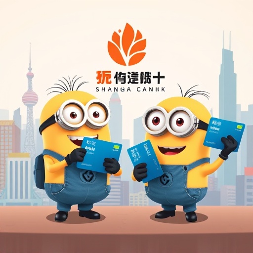 可愛小小兵手持信用卡的插圖，背景有上海商銀標誌與城市景觀，介紹上海商銀小小兵信用卡版本差異