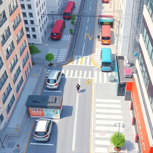 高雄市街道俯瞰插圖,共享汽車整齊停放在指定位置,人們在火車站與當地商店間穿梭