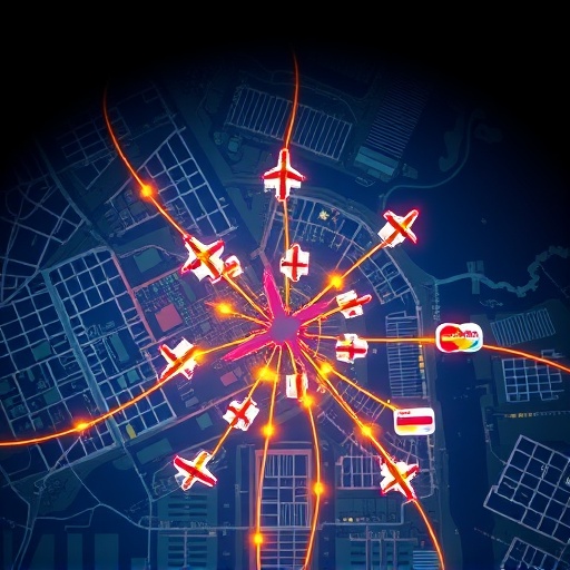 an overhead view of a city map with glowing lines connecting airports and various credit card logos representing travel benefits cheerful and vibrant color palette