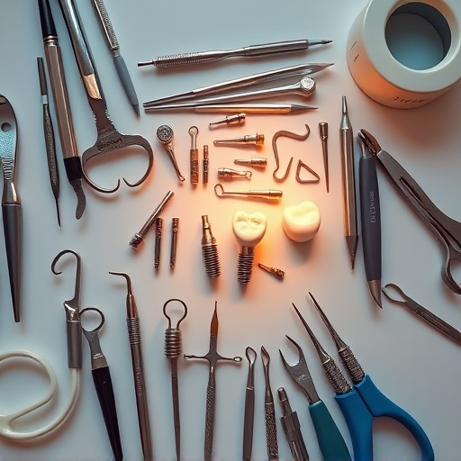 an overhead view of a dental workstation with various tools and dental implant components laid out artistically with a soft warm glow
