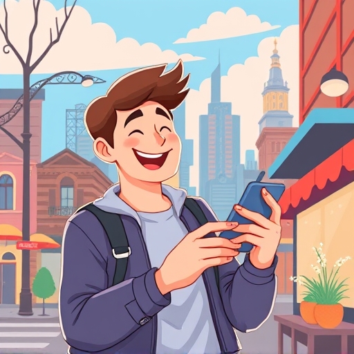 animated illustration of a person happily ordering coffee on their phone through the line app with a stylized cityscape background and vibrant colors