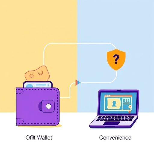 illustration depicting a side by side comparison of isolated offline wallet and connected online wallet with clear visual cues representing security and convenience vibrant contrasting colors
