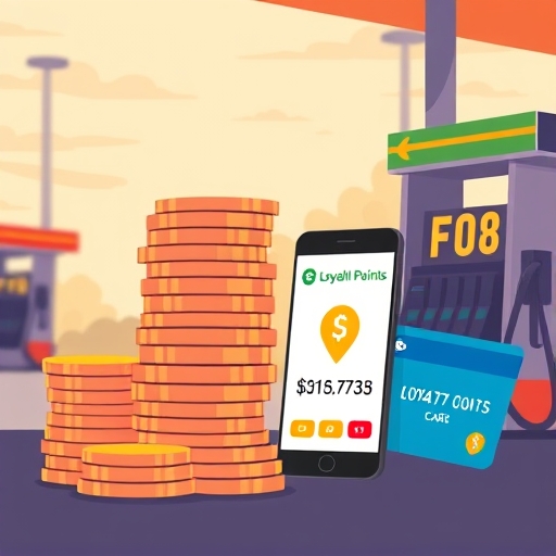 illustration depicting stacked coins and loyalty points with a credit card and smartphone representing maximized savings at a gas station warm inviting color palette