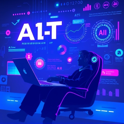 創意人士使用 AI 工具生成提案 PPT，展示未來感設計元素