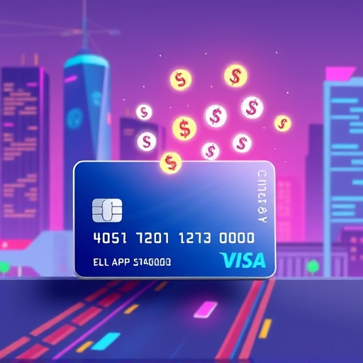 信用卡插圖，發光現金圖示從卡片浮現，背景為充滿活力的城市景觀，帶有微妙的 Line 應用程式元素