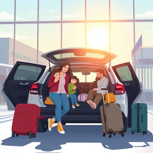 illustration of a family happily entering a comfortable car with luggage in front of an airport terminal sunlight casting a warm glow on the scene