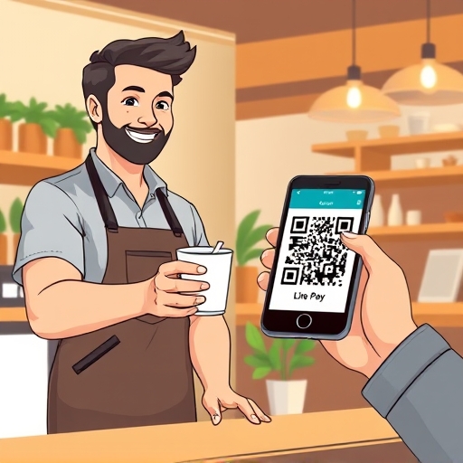 illustration of a friendly barista handing a coffee cup to a customer holding a smartphone displaying a line pay qr code with a cozy cafe interior and warm lighting
