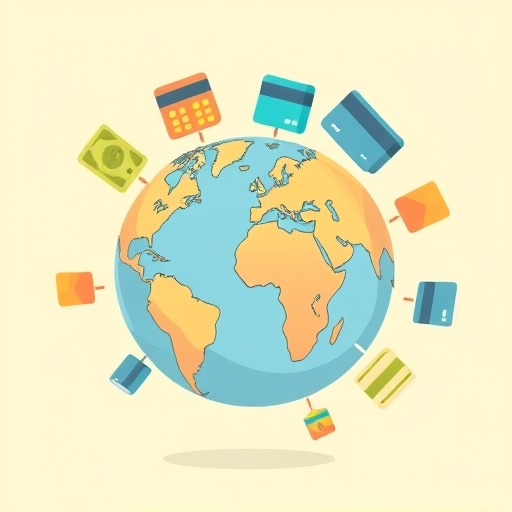 illustration of a globe with credit cards flying around it symbolizing global travel rewards and currency exchange benefits in a whimsical cartoon style with soft pastel tones