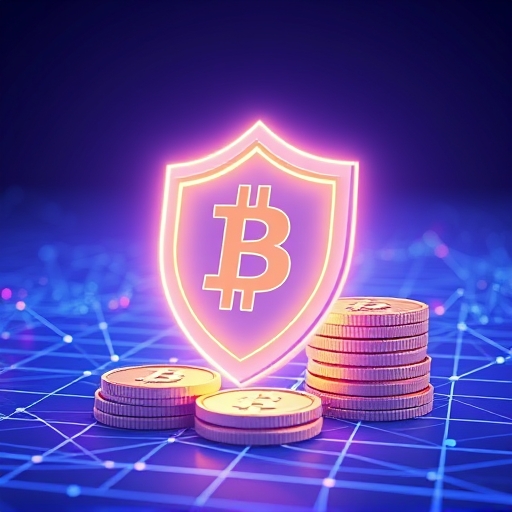 illustration of a glowing digital shield protecting a stack of cryptocurrency coins a faint network grid in the background soft blue and purple tones