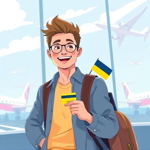 illustration of a happy traveler using a credit card at an airport with planes in the background bright and colorful