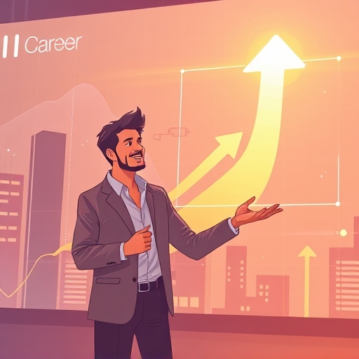 一位專業人士自信呈現提案 PPT，象徵職場晉升與職業成長