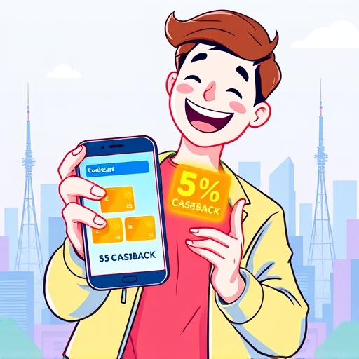 illustration of a person happily paying with a smartphone showing a credit card interface with glowing 5% cashback icons on a backdrop of city skyline and telecom towers in vibrant colors