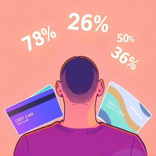 illustration of a person looking at a variety of credit cards with glowing percentages hovering above them representing cash back rewards in a modern minimalist style with bright colors