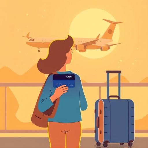 illustration of a person receiving bonus points or cash back from a credit card while on vacation a stylized airplane and suitcase in the background warm golden hour lighting