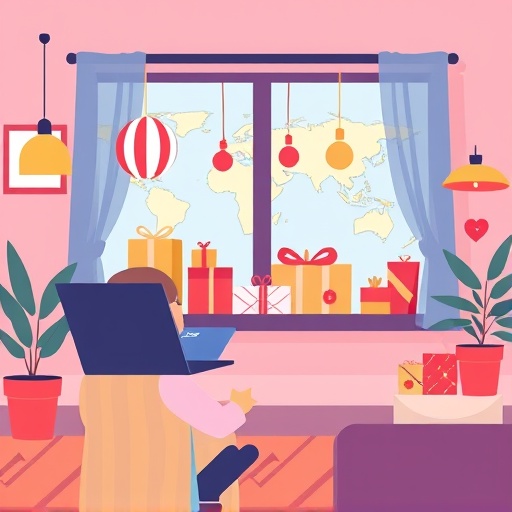 illustration of a person shopping online at home with various international packages arriving and a credit card on screen cheerful and vibrant