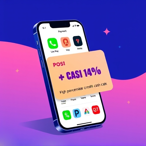 illustration of a smartphone displaying various payment apps like Line Pay and Apple Pay with a credit card overlaid showing a high percentage cash back icon in a vibrant flat design style with geometric shapes