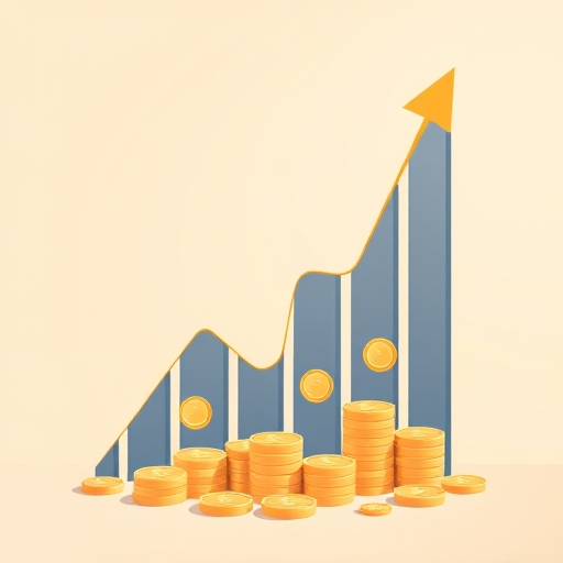 illustration of a stock chart with upward arrows and coins raining down set against a simple background with soft lighting and a warm color palette