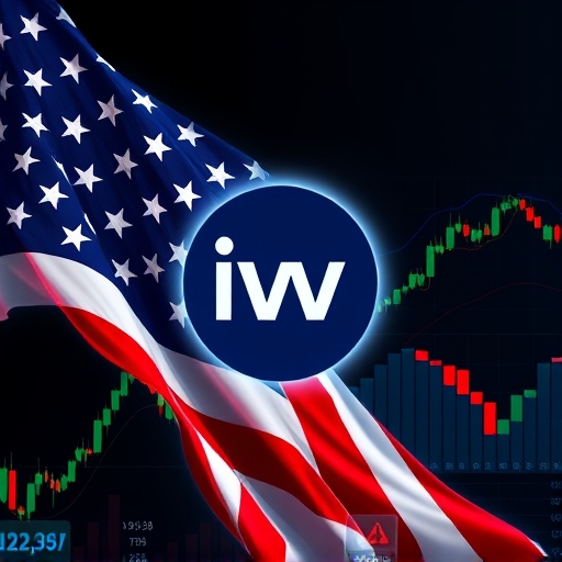 美國國旗與股市圖表交織的風格化插圖，突出 IVV ETF 標誌的 iShares Core S&P 500 ETF