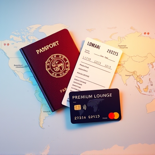 風格化護照與登機證插圖，置於世界地圖上，包含高級機場貴賓室符號與 Mastercard 世界卡圖示，柔和暖光