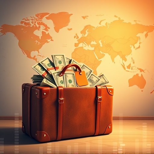 illustration of a travel suitcase overflowing with cash and credit cards against a softly lit world map background warm color palette