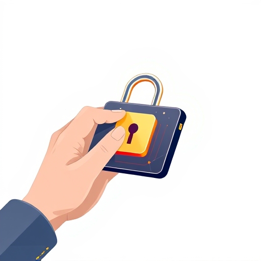 illustration of a user interacting with a sleek hardware wallet a digital key transforming into a secure padlock on a stark white background subtle geometric patterns