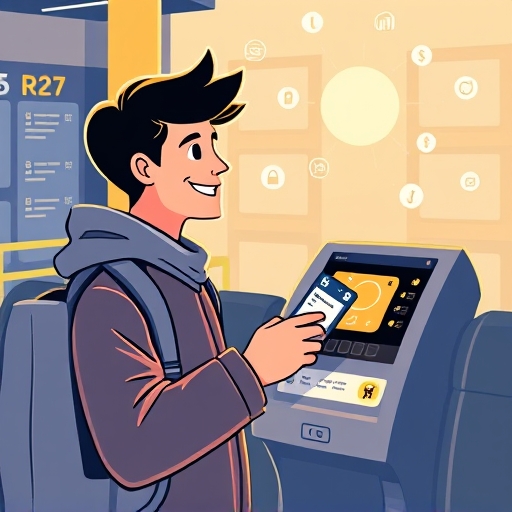 stylized illustration of a person happily paying for train tickets and bus fares with a warm glow emanating from digital transaction icons peaceful and organized atmosphere