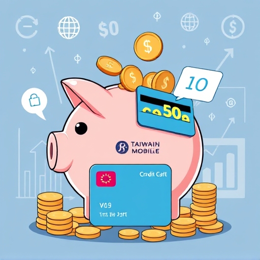 stylized illustration of a piggy bank overflowing with coins and cashback notifications surrounding a credit card and a Taiwan Mobile logo set against a backdrop of digital connectivity symbols and financial growth charts
