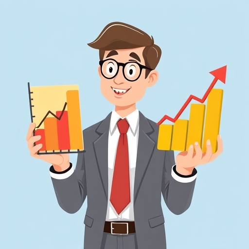 A charming stylized illustration of an investor comparing two colorful stock market graphs one with a rising price trend and the other with a steady earnings indicator set against a soft blue background