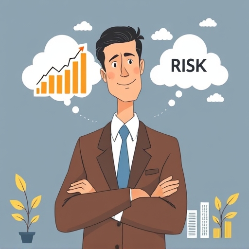 一位謹慎投資人平衡成長圖表與風險雲朵，自信表情的對比插圖