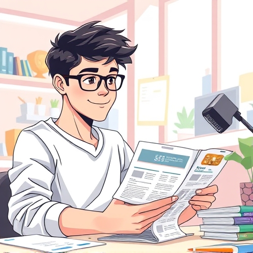 自信年輕人專注研究財務文件與信用卡優惠的細緻插圖，在明亮工作空間中，帶有輕鬆姿態與銀行圖示