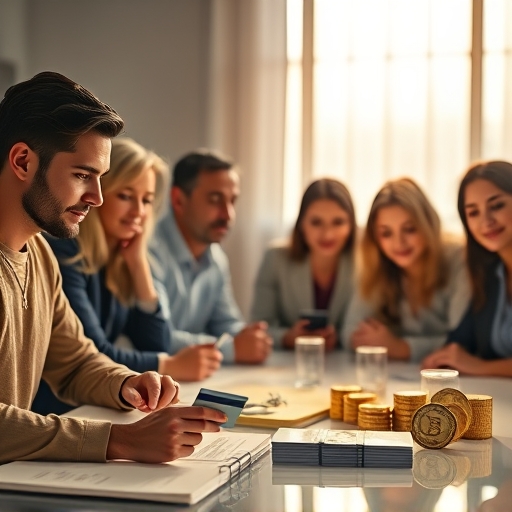 多元族群審視信用卡與財務符號的圖像，帶有希望的柔和光芒