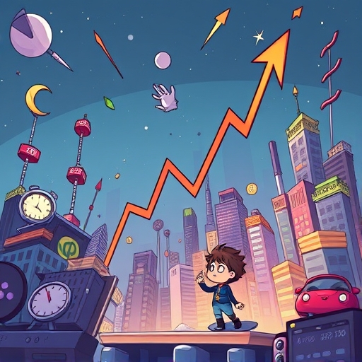 股票市場圖表暴跌，一位小人物緊張觀望投資縮水的戲劇性卡通插圖