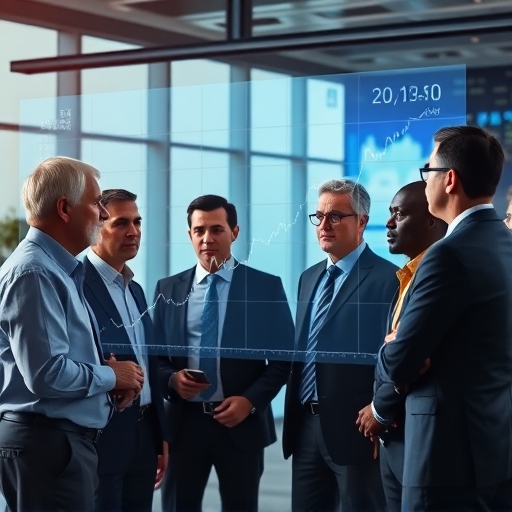 A group of diverse investors thoughtfully examining a digital projection of a fluctuating 20-year bond yield graph in a modern financial setting