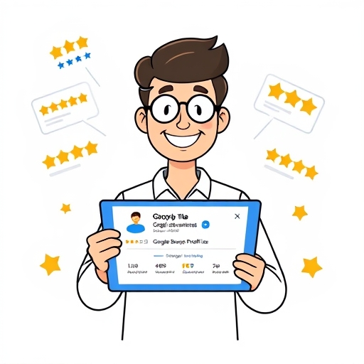 小店主快樂管理 Google 商家檔案的活潑插圖，周圍環繞正面評論和星級