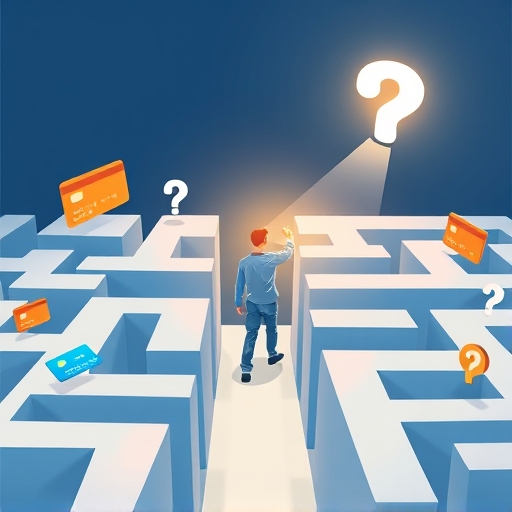 人物穿越信用卡與問號迷宮，通往獎勵符號的風格化圖像