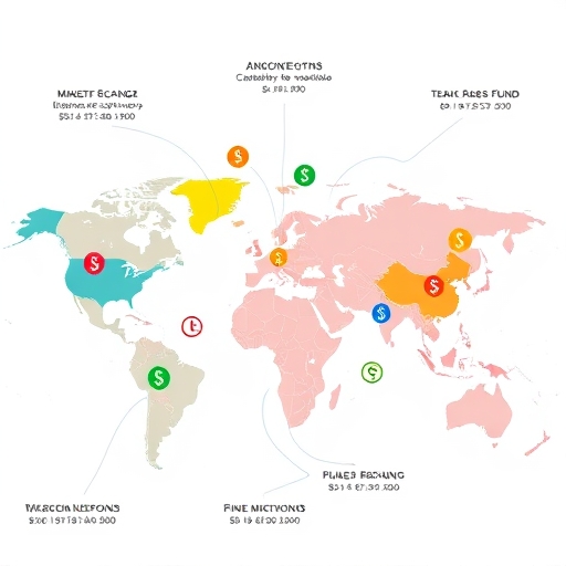 A vibrant illustration depicting diverse investment scenarios with seamless currency exchange symbols and subtle fee icons overlaid on a world map representing global fund distributions and associated transaction costs