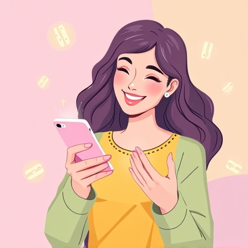 A vibrant illustration of a woman happily using her phone to switch credit card benefits with subtle glowing credit card icons around her a bright pastel color palette