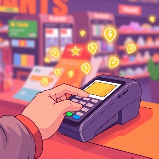 使用者輕鬆用手機感應支付終端機，累積閃耀數位點數的活力插圖，以溫暖色調呈現便利與回饋