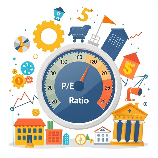 A whimsical illustration depicting various industry icons like gears semiconductors and bank buildings around a central gauge labeled P/E Ratio with a bright and informative aesthetic