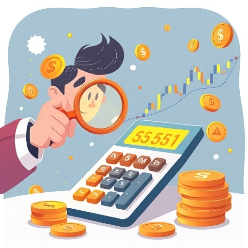 一位投資人用放大鏡計算股票融資利息，周圍浮動著股票圖表與金幣的趣味插圖