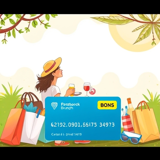 A whimsical illustration of a person enjoying a weekend brunch outdoors surrounded by shopping bags and travel essentials highlighting a credit card with a special weekend bonus icon a warm sunny atmosphere
