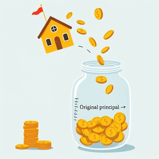 A whimsical illustration showing coins flowing from a stylized investment fund building into a clear glass jar with a visible line marking the original principal amount highlighting the concept of distributions potentially eating into capital
