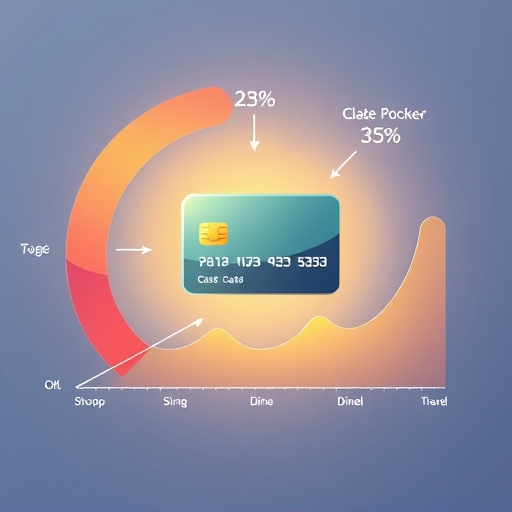 An artistic depiction of a dynamic chart showing spending categories like shopping dining and travel with percentage indicators pointing towards a central illustrated credit card with a gentle glow
