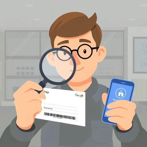 店主用放大鏡驗證 Google 商家檔案的插圖，明信片與手機驗證碼，輕鬆資訊風格