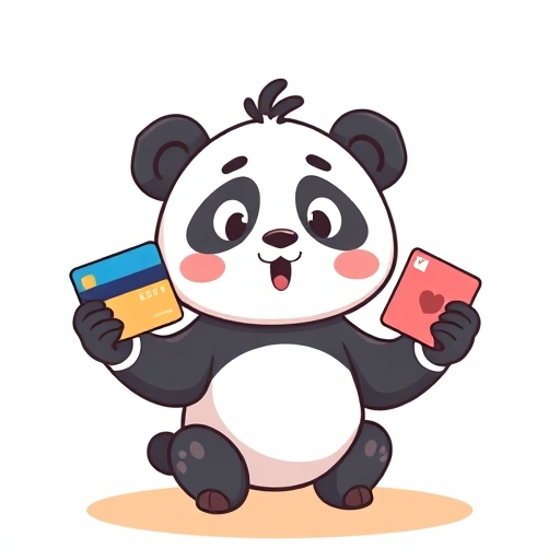 可愛熊貓角色手持信用卡與簽帳金融卡並排比較，驚訝表情在明亮現代銀行 App 介面中，以柔和卡通風格呈現