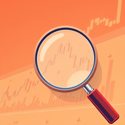 An illustration of a magnifying glass hovering over a stock chart with numbers representing price and earnings subtly incorporated into the design in a warm color palette