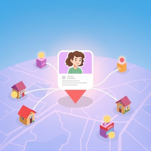 Google 商家檔案在數位地圖上閃耀的插圖，連接周圍小企業，溫暖柔和色調